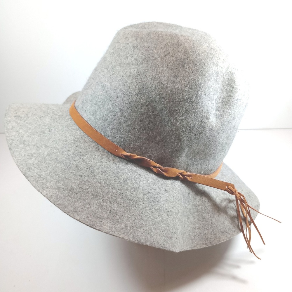Womens Gray Wool Wide Brim Floppy Hat One Size Felt Boho Braided Band Tassel - Picture 2 of 7